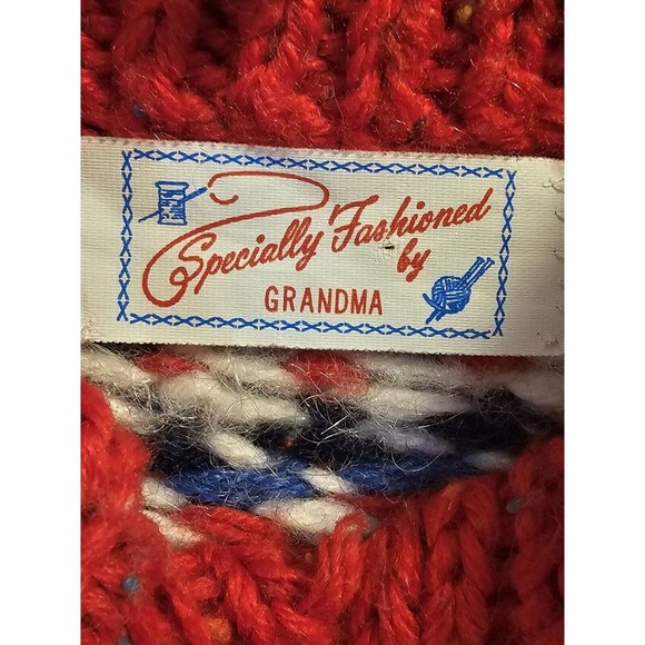 Hand Knit Toddler Sweater Wool Blend Fair Isle Red Crew Neck Unisex Cardigan - Picture 11 of 13